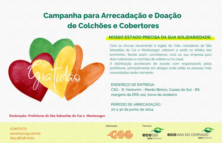 CSG realiza campanha de doações de cobertores e colchões para ajudar atingidos pelas chuvas no Vale do Caí