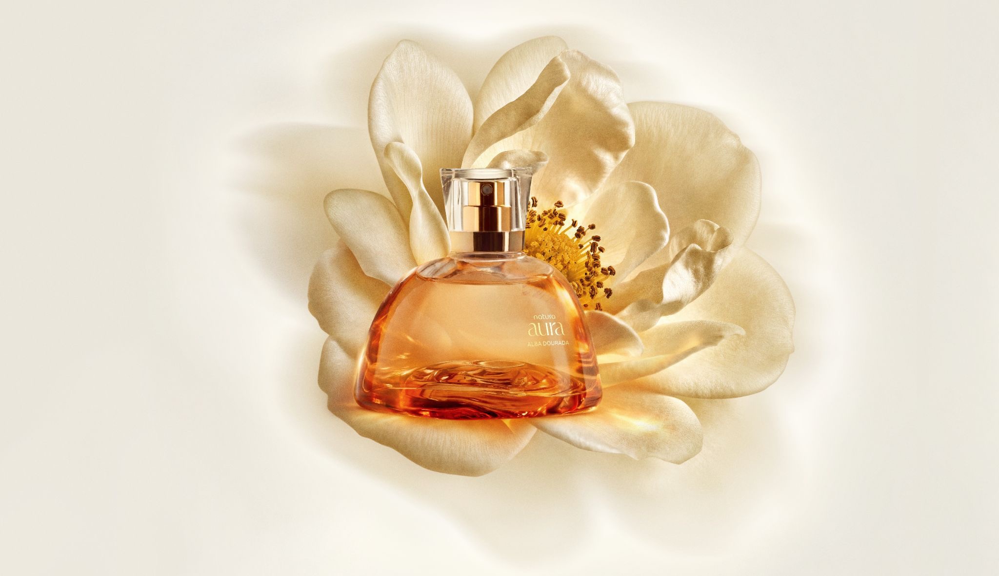 Natura apresenta Aura Alba Dourada, nova fragrância que une a rara Rosa Alba e a Flor do Mel em um acorde floral intenso e radiante